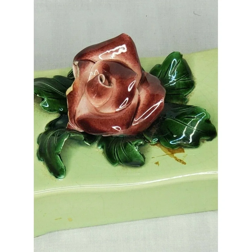 Vintage 1950s Johannes Bram of California Ceramic  Green With Rose Trinket Dish